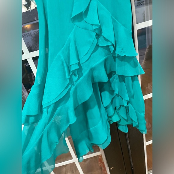 ALICE + OLIVIA TIERED RUFFLE SPAGHETTI STRAP MINI DRESS TURQUOISE CHIFFON SIZE 4 - Picture 3 of 8